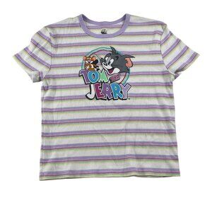 Tom & Jerry Graphic Striped T-Shirt XL Women's Purple White